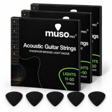 MUSO PRO 3 Pack Acoustic Guitar Strings Light Gauge 11-50 – Phosphor Bronze, Warm Tone, Long Lasting, Easy Play with 5 Free Picks