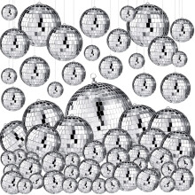Funtery 100 Pcs Bulk Silver Mirror Disco Ball Ornaments in Various Sizes Hanging Disco Balls Decorations for Christmas Tree Dance Music 50s 60s 70s Th