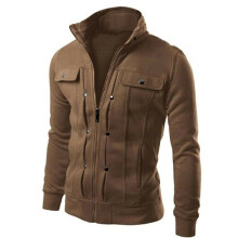(Coffee,M)Mens Slim Fit Stand Collar Long Sleeve Coat Top Military Jacket Outwear Blazer