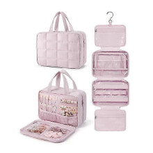 (Pink) Neceser de viaje con organizador de joyas, neceser colgante para artículos de aseo, neceser de maquillaje