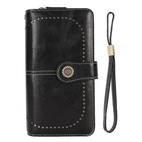 (XL) RFID Blocking Leather Large Capacity Double Snap Button Women Wallet with Removable Wrist Strap |