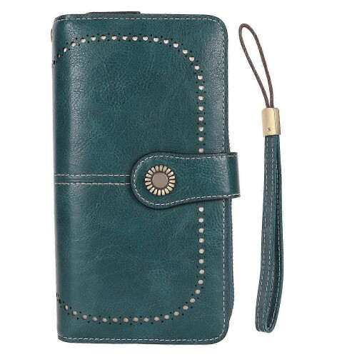 (L) RFID Blocking Leather Large Capacity Double Snap Button Women Wallet with Removable Wrist Strap |