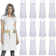 (White) 12 sztuk czarnych fartuchów z 2 kieszeniami do użytku komercyjnego, unisexowe fartuchy kuchenne w hurtowych