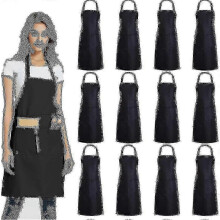 (Black) 12 sztuk czarnych fartuchów z 2 kieszeniami do użytku komercyjnego, unisexowe fartuchy kuchenne w hurtowych