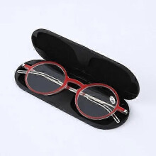 (+200, Red) Ultradunne draagbare leesbril met blauwlichtfilter, rond montuur en etui.