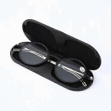(+250, Black) Ultradunne draagbare leesbril met blauwlichtfilter, rond montuur en etui.