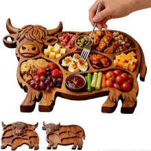 (B) Drewniana deska do wędlin i wędlin Highland Cow, rustykalna taca do serwowania w kształcie krowy z przegródkami,