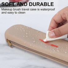 (Beige) Estuche portátil de silicona con diseño de espejo para brochas de maquillaje de viaje (con cordón)
