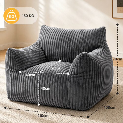 Dark Grey Corduroy Bean Bag Sofa With Backrest And Armrests 1