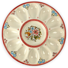 Gónfer, prato de ovos em cerâmica artesanal, padrão flores vermelho, capacidade 12, 26,5 cm Ø