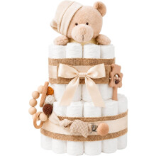 MyLittleBabies Tarta de Pañales Beige Bear, conjunto de 40 fraldas DODOT, com acessórios e cartão