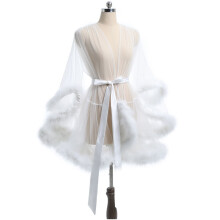 (White, S) Sexy Sheer Mesh Feather Lingerie Gown – Women’s Long Nightdress for Bedroom & Roleplay