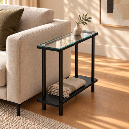 (Black) 20cm Narrow 2 Tier Glass Side Table Storage Shelf 2