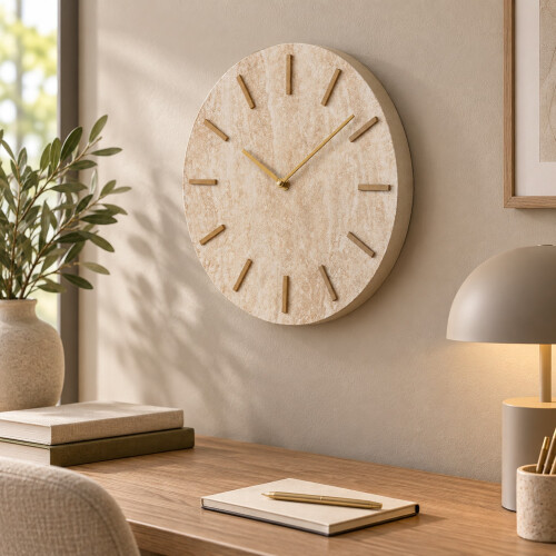 30cm Wall Clock in Travertine Effect w/ Gold Hands 2