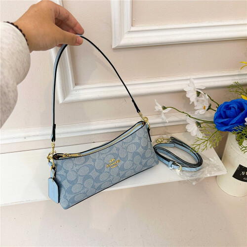 (Blue) Retro old flower baguette armpit bag shoulder crescent bag