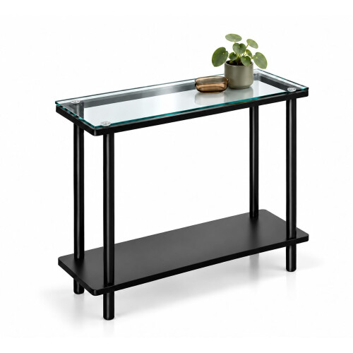 (Black) 20cm Narrow 2 Tier Glass Side Table Storage Shelf