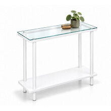 (White) 20cm Narrow 2 Tier Glass Side Table Storage Shelf