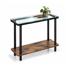 (Rustic Brown) 20cm Narrow 2 Tier Glass Side Table Storage Shelf