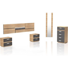 duehome Conjunto de Quarto Ataneq Pure, Cabecero com LEDs, 2 Mesas de Cabeceira, Sinfonier, Armário e Espelho, Cambria e Grafito