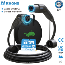 Khons EV-oplaadkabel, Type 2 naar Type 2, 3 fasen 16A, vrouw naar man stekker, 5m, 11kW, IP65 waterdicht