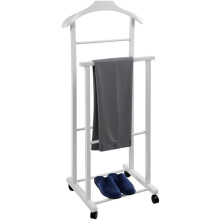 Cabideiro de madeira de faia, branco, com 4 rodas e suporte duplo, para quarto