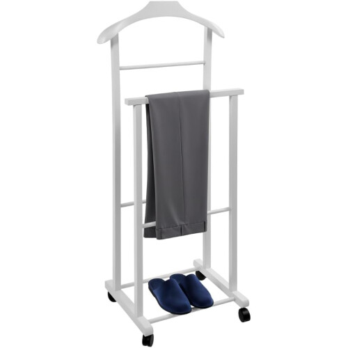 Cabideiro de madeira de faia, branco, com 4 rodas e suporte duplo, para quarto