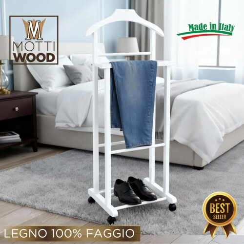 Cabideiro de madeira de faia, branco, com 4 rodas e suporte duplo, para quarto 1