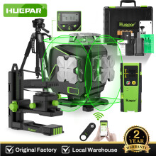 Huepar S04CG 4D 16-lijns groene laserniveau, zelfnivellerend met LCD-scherm, afstandsbediening, detector en statief