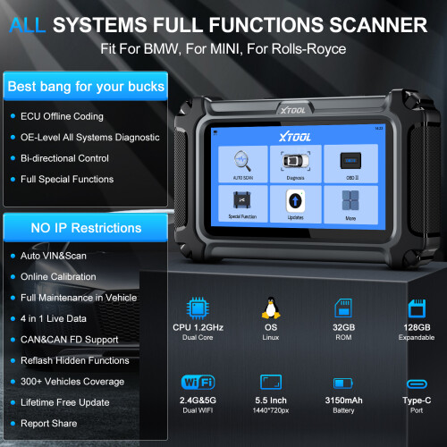 XTOOL IP500, OBD2 bidirectionele scantool, ECU-codering en 23+ resets voor BMW, MINI en Rolls-Royce 1