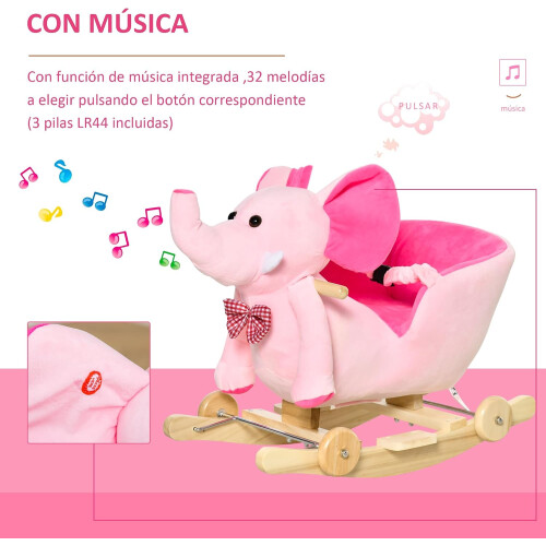 HOMCOM Balancim em forma de elefante com rodas, 60x35x45 cm, Rosa 2