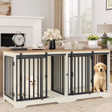 Cage pour chien double en bois et métal, Blanc et Marron, 136 x 49 x 64.5 cm, avec séparateur et porte de grange