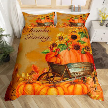 Conjunto de roupa de cama de outono infantil, padrão de abóbora e girassol, laranja, microfibra, tamanho individual