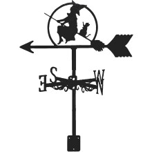 Veleta de vento bruxa e gato, ferro metalico, preto, 33 x 58,5 cm, decoracao de jardim