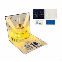 Muzikale verjaardagskaart met licht en geluid, 3D papieren taart, wenskaart voor vrouwen, mannen, kinderen en volwassenen - blauw