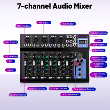 Audiomixerconsole, 7 kanalen, 48V fantoomvoeding, 3-bands EQ, voor DJ en podiumoptredens