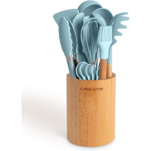 CREATE, conjunto de 11 utensílios de cozinha, azul e madeira de faia, silicone livre de BPA, resistente ao calor até 230C