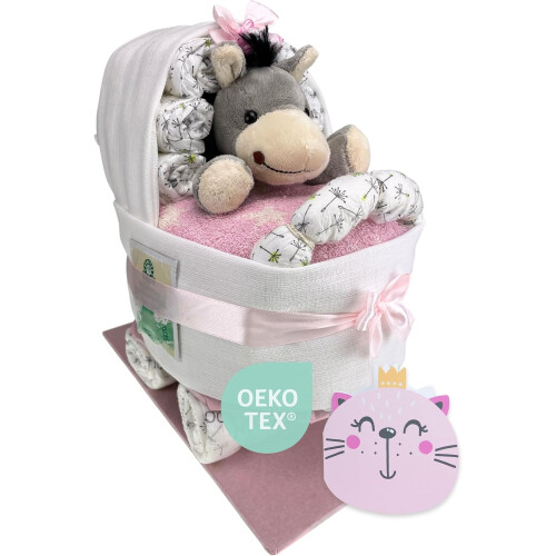 Tarta de pañales com carrinho e peluche, presente de nascimento, rosa