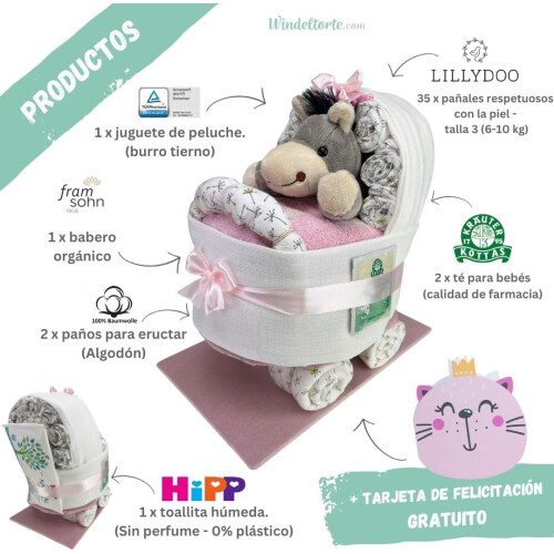 Tarta de pañales com carrinho e peluche, presente de nascimento, rosa 1