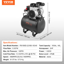 SucceBuy luchtcompressor, 40L, olievrij, horizontaal model, voor autoreparatie en pneumatisch gereedschap