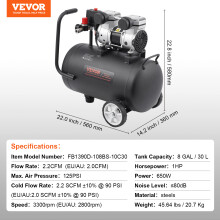 SucceBuy luchtcompressor, 30L, olievrij, horizontaal, draagbaar, voor autoreparatie en pneumatisch gereedschap