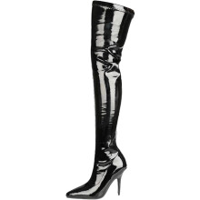Botas de salto agulha com acabamento em verniz, salto de 9 cm, fecho lateral e solado de borracha
