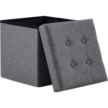 Banco com Arrumação Acolchoado, Taburete com Capacidade de 300 kg, 38 x 38 x 38 cm, Cinzento Escuro, Linho