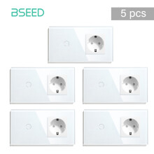 BSEED Interrupteur Tactile 1 Gang avec Prise Standard EU, Panneau en Verre, Rétroéclairage Bleu, Blanc, Lot de 5