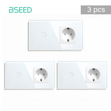 BSEED Interrupteur Tactile à Capteur avec Prise Standard EU, Panneau en Verre, Blanc, Lot de 3
