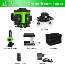 CLUBIONA 3D laserwaterpas, 12 lijnen, groen, auto-nivellerend met afstandsbediening en accu