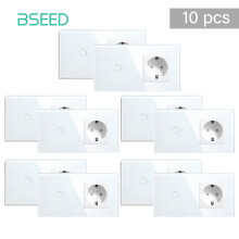 BSEED Interrupteur Tactile 1 Gang avec Prise Standard EU, Panneau en Verre, Blanc, Lot de 10 pièces