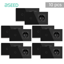 BSEED Interrupteur Tactile avec Prise Standard EU, Panneau en Verre, Rétroéclairage Bleu, Noir, Lot de 10 pièces