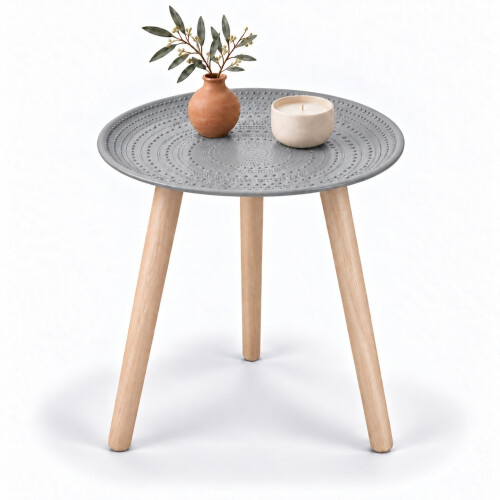(Grey) Round Tripod Side Table 40cm Wooden Legs