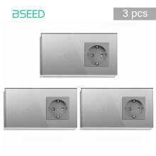 BSEED Interrupteur Tactile à Capteur, Prise Standard EU, Panneau en Verre, Gris, Lot de 3