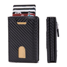 Zciti cartera de cuero PU para hombre, tarjetero con bloqueo RFID y caja de metal en fibra de carbono negra